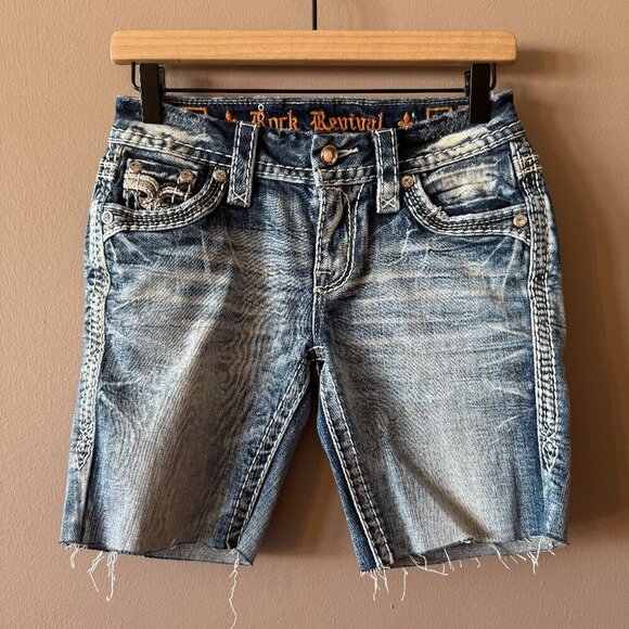 Women's 24 Rock Revival Montara Bootcut/Cut Off Jeans Shorts - Picture 2 of 8
